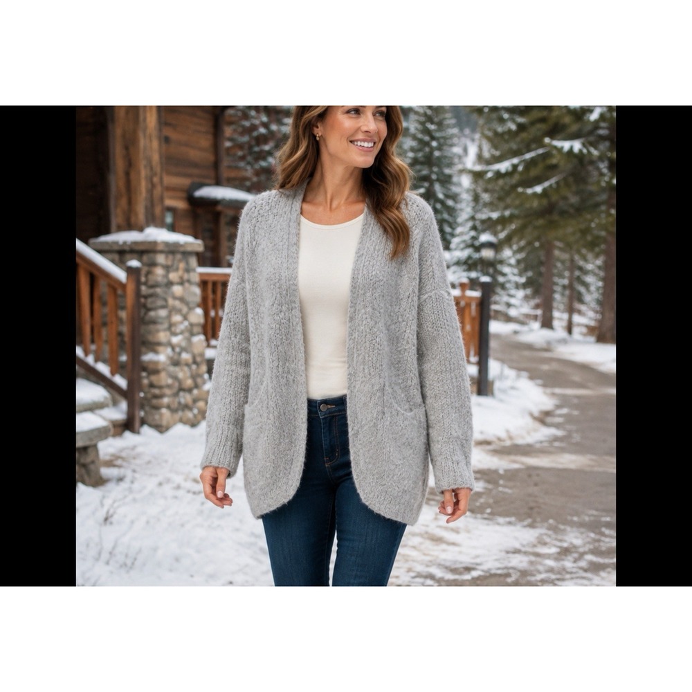 Free People XS Women's Boucle Cardi Sweater Alpaca Blend Longline Grey Runs Huge